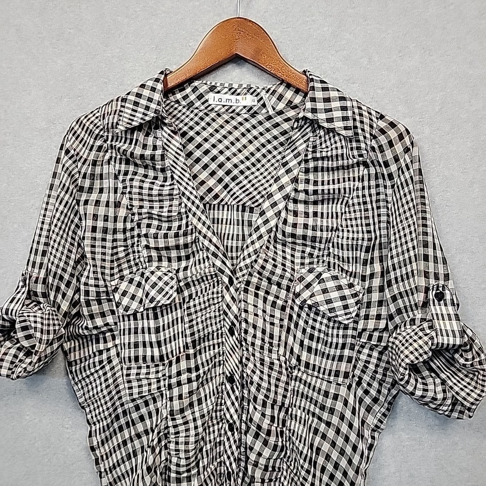 L.A.M.B. Ruched Plaid Button Front Roll Tab Blouse Shirt Pockets Womens Size 12 - Picture 4 of 13